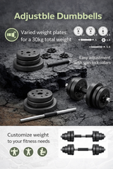 2-in-1 Weight Training Dumbbell Set, 2 x 15 kg, Adjustable Weight, with Additional Steel Extension Bar, Ink Black