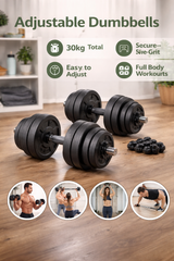 2-in-1 Weight Training Dumbbell Set, 2 x 15 kg, Adjustable Weight, with Additional Steel Extension Bar, Ink Black