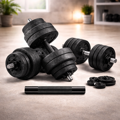 2-in-1 Weight Training Dumbbell Set, 2 x 15 kg, Adjustable Weight, with Additional Steel Extension Bar, Ink Black