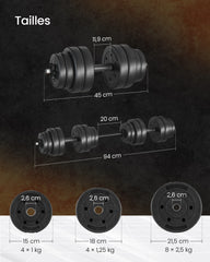 2-in-1 Weight Training Dumbbell Set, 2 x 15 kg, Adjustable Weight, with Additional Steel Extension Bar, Ink Black